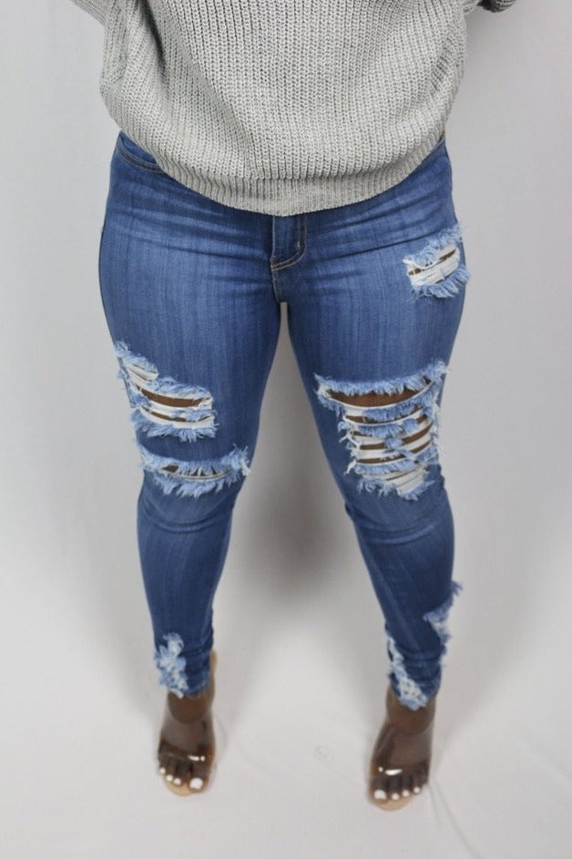 Don't Stress It -  Medium Stone Skinny Distressed Denim